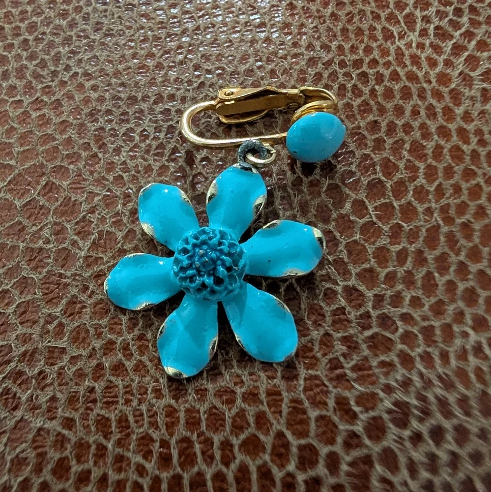 Vintage Weiss Turquoise Flower Drop Clip On Earrings - Picture 3 of 5